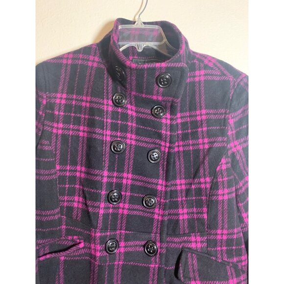 Giacca Wool Winter Jacket Purple Plaid Black Pea Coat Retro Y2K Women's Size XL - Picture 3 of 6